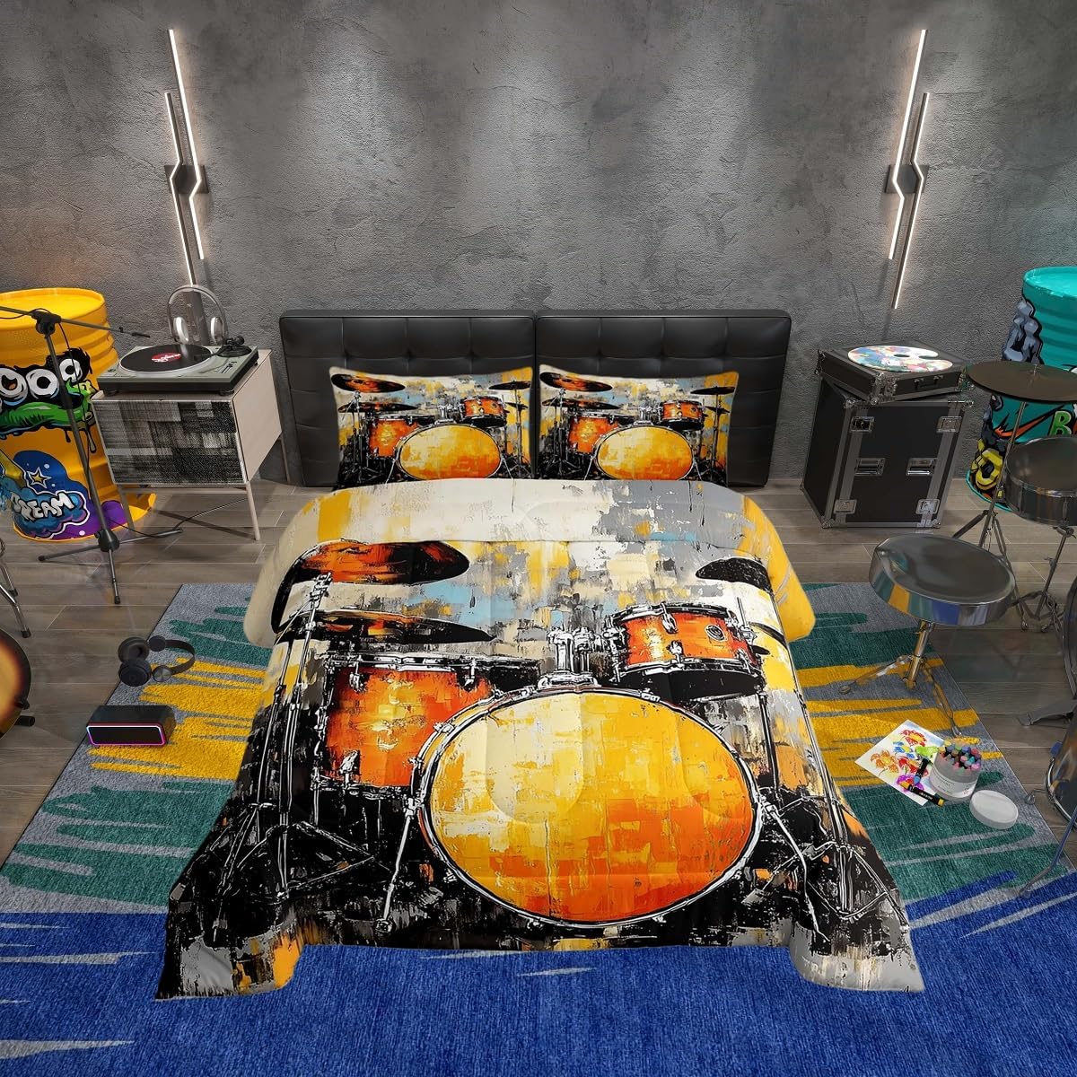 Erosebridal Drum Kit 3D Print Kids Comforter Sets Rock Music Themed Full Bedding Set for Boys Girls Musical Pattern Comforter Set,Colorful Retro Style Quilt Duvet 3 Pcs