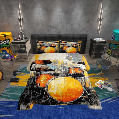 Erosebridal Drum Kit 3D Print Kids Comforter Sets Rock Music Themed Full Bedding Set for Boys Girls Musical Pattern Comforter Set,Colorful Retro Style Quilt Duvet 3 Pcs