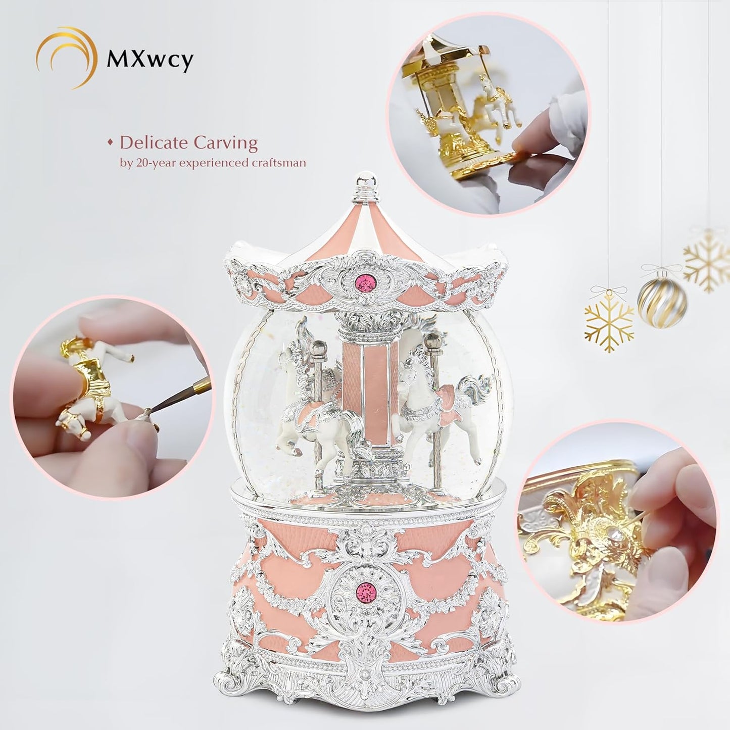 Carousel Music Box Gold & Ivory Christmas Snow Globes, 8.3" Rotate Carousel Snow Globe for Kids & Adults, Classic Wind up Musical Snow Globe Birthday Gifts for Women Girls, Carousel Horse Home Decor