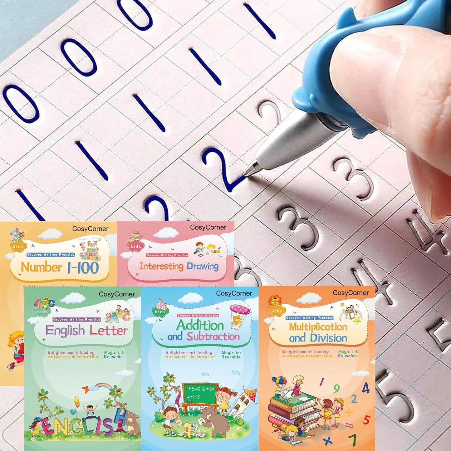 CosyCorner Magical Handwriting Workbooks Handwriting Practice Magic Copybook, Handwriting Aid Magic Pen Reusable Copybook Grooves Template Design for Children (6)