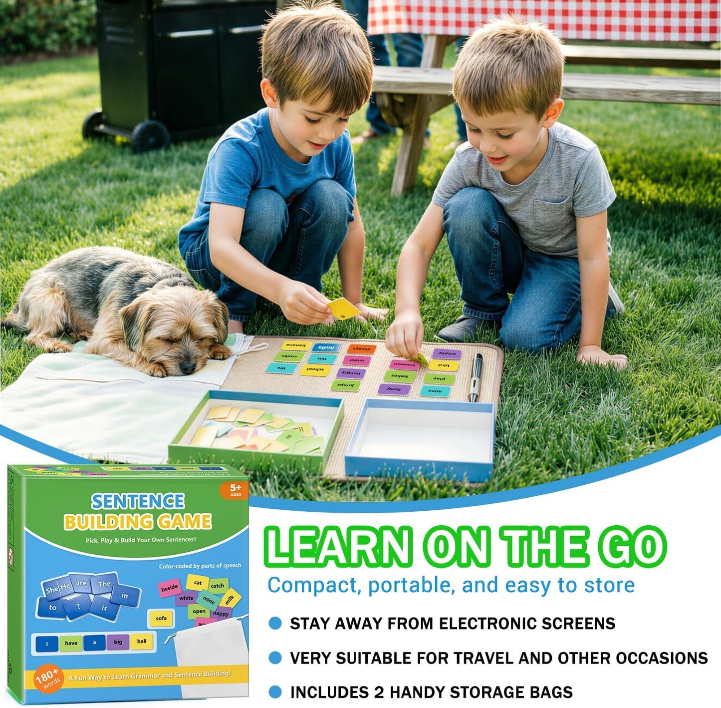 Sentence Building Game for Kids Ages 5-8 – 120+ Color-Coded Word Tiles, 20 Sentence Builder Tiles | Educational Learning Toys, Reading & Grammar Activity | Gifts for Boys and Girls