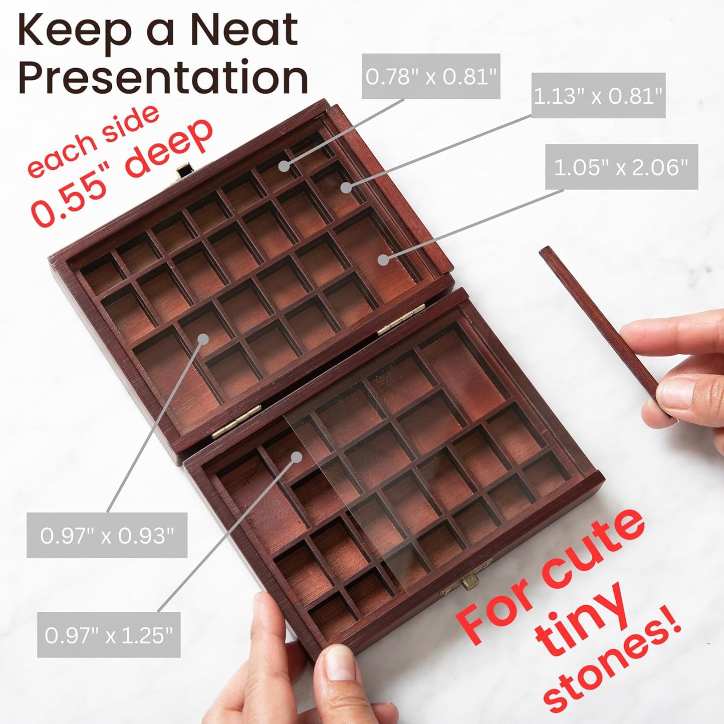 Small Portable Rock Display Case Hand-Sized, 48-Slotted Shadow Box for Gemstones or Beads Bamboo-Wood Collection Case with Plexiglass for Kids