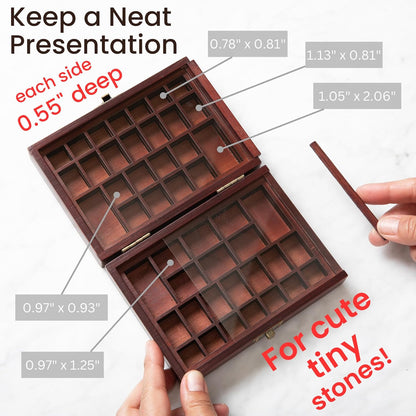 Small Portable Rock Display Case Hand-Sized, 48-Slotted Shadow Box for Gemstones or Beads Bamboo-Wood Collection Case with Plexiglass for Kids