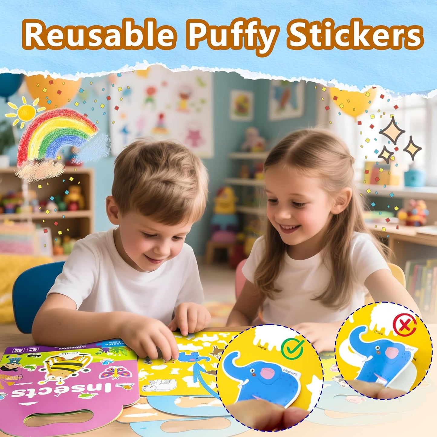 Reusable Sticker Books for Toddlers 1-3, Puffy Stickers Book for Kids Ages 2-4, Toddler Travel Activities Book Toy for Birthday Christmas - Christianity Jesus, Noah's Ark, Fairy Tales(3 Set)