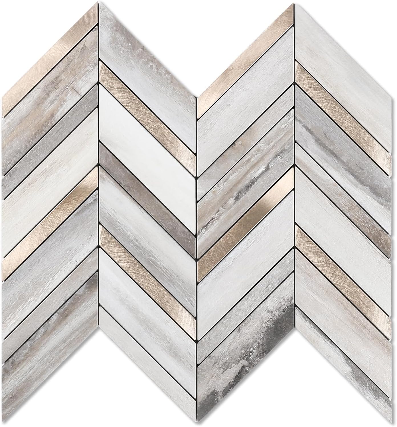 Yipscazo 10 Sheets Herringbone Backsplash Peel and Stick Tile, Marble Calacata Mixed Metal Gold PVC Stick on Backsplash for Kitchen, Waterproof Self Adhesive Wall Tile for Bathroom