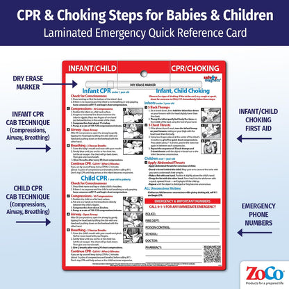 Safety Magnets by ZOCO – Infant and Child CPR & Choking Magnet – Laminated 8.5"x11" Emergency Numbers Fridge Card – First Aid Heimlich Maneuver for Parents, Caregivers, Daycare, Babysitters