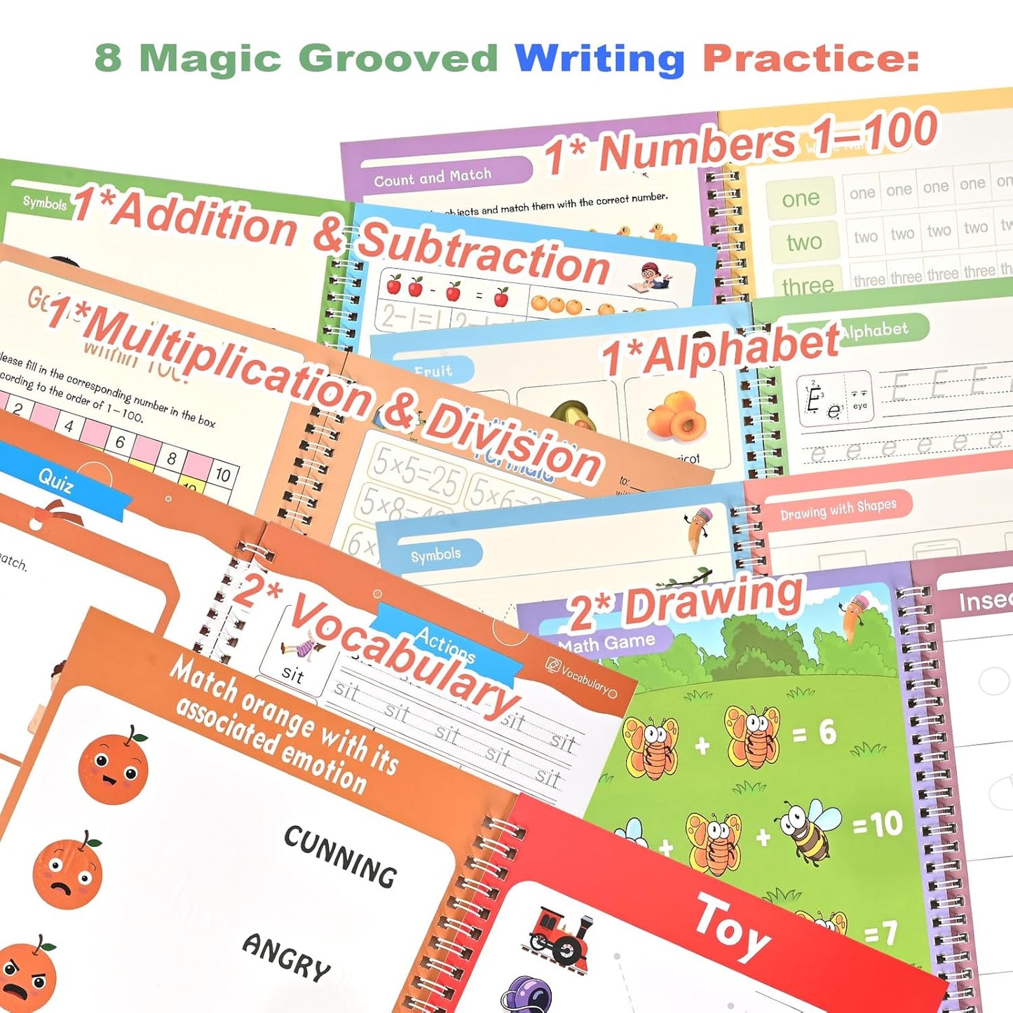 Magic Grooved Practice Copybook for Kids 3-8 - 6 Reusable Handwriting Practice Books with Pens | Letter & Number Tracing, Math & Drawing | Preschool & Kindergarten Workbook Set