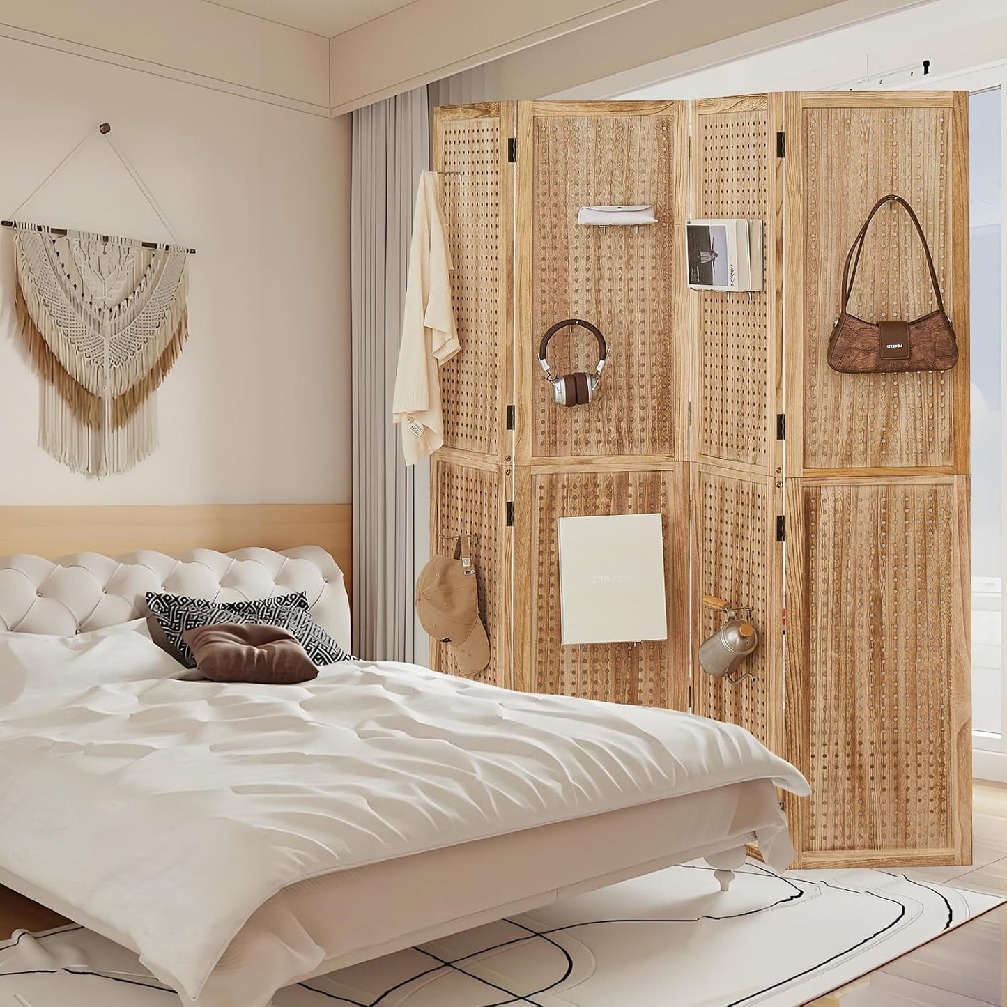 4 Panel Wooden Room Dividers, 5.6FT High Plug-in Folding Screen Made of Natural Wood, Pegboard Display for Bedroom and Shopping Malls and Jewelry Stores, Dark Brown