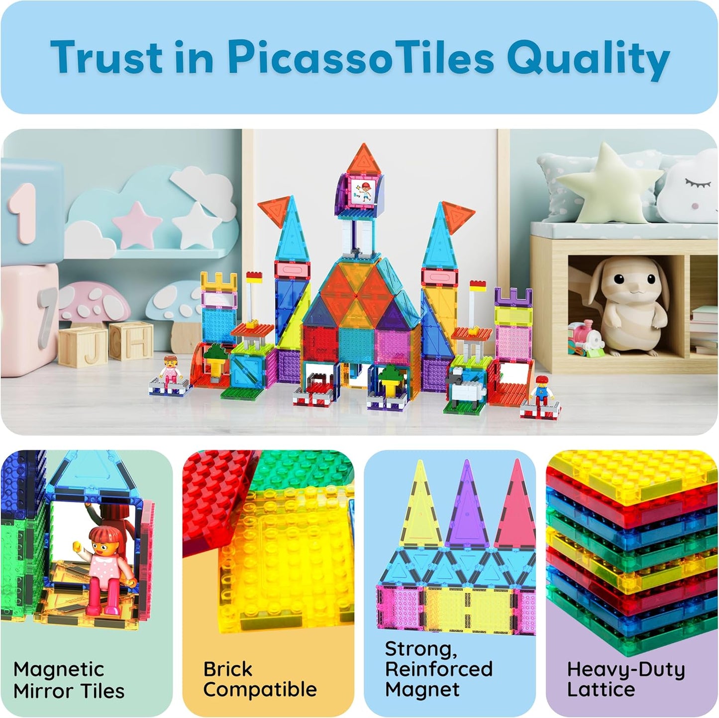 PicassoTiles 333pcs Magnetic Brick Tile and Magnetic Tile Combo Set, Action Figures included, Building Blocks STEM Toys, Educational Montessori Preschool Toddler classroom learning toys, Kids activity