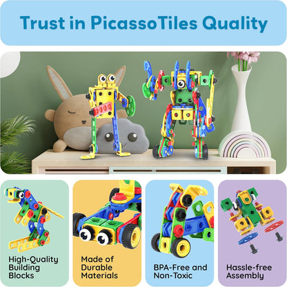 PicassoTiles 152pc STEM Construction Toy Building Set for Kids Ages 3+ Includes Power Drill, Ratchet, Idea Book, Storage Box Educational Engineering Science Kit & Sensory Toys for Boys & Girls PTN152