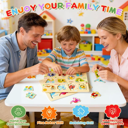MerryPony Wooden Peg Puzzle for Toddlers 2 3 4 Years Old, 6 Pcs Montessori Toddler Puzzle - Alphabet, Shape, Number, Fruit, Dinosaur and Insect Puzzles, Baby Puzzle, Learning & Education Toys for Kids