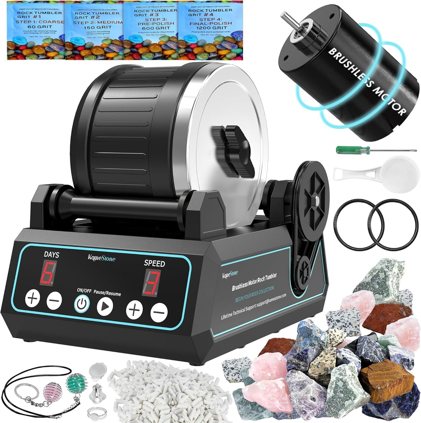 K1 Rock Tumbler Kit – Reliable Rotary Rock Polisher for Adults, Beginners & Hobbyists, 2.5LB Quiet Rubber Barrel with 3 Speeds, 9-Day Timer & Memory Function, Full Accessories Included, Ideal Gift