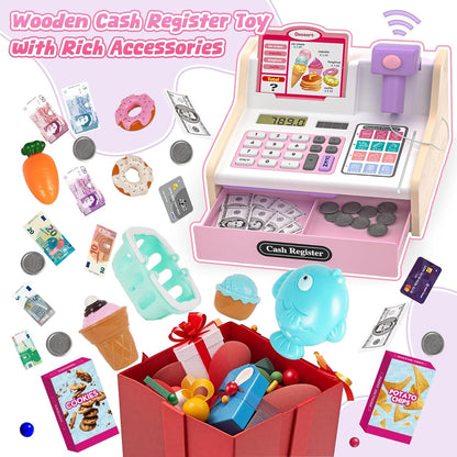 Kids Cash Register Toy Playset, Toddler Prentend Play Store with Real Calculator Cash Register with Scanner/Credit Card/Play Money/Food, Learning Toys for Boys Girls Toddlers(Pink)