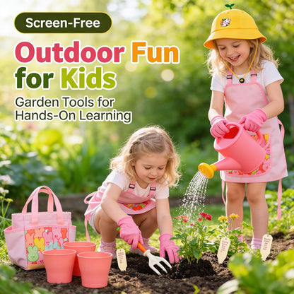 JOI MEW Kids Gardening Tools Set, Garden Toys w/Wooden Handle Alloy Rake,Fork,Trowel, Watering Can,Gloves,Tote Bag,Plant pots, DIY Bookmark Kits, Spring Summer Toy Outdoor Gift for Toddler Boy Girl