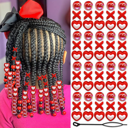 60PCS Pink White Hair Beads for Braids Three Styles Cute Loc Beads Heart Shape Bead for Kids Dreadlock AB Color Round Pony Bead Accessories