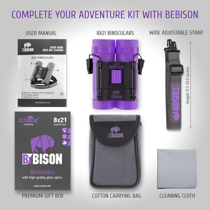 BeBison Binoculars for Kids - 8x21 High Resolution Real Optics - Compact Folding Shockproof Kids Binoculars for Bird Watching - Spy Games - Outdoor Play for Boys and Girl