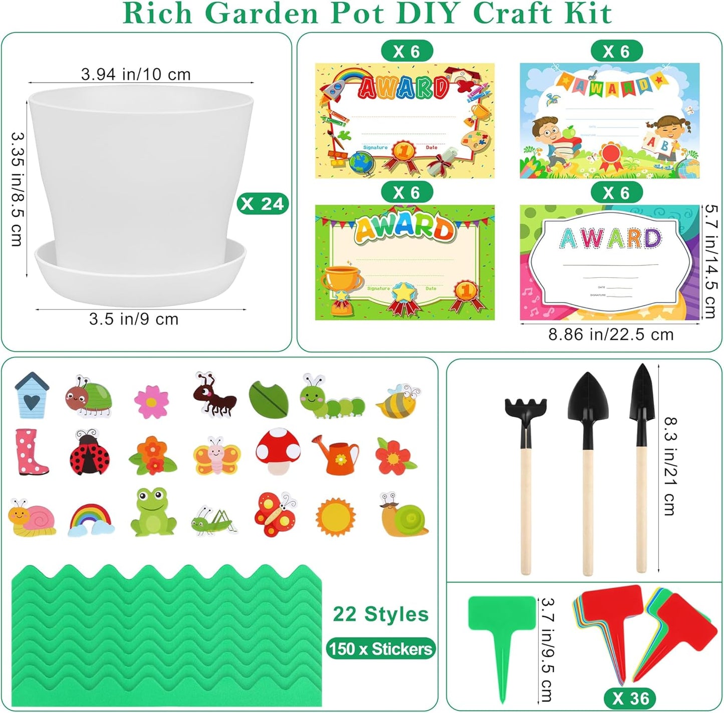 Elcoho 24 Packs Garden Plastic Pot Craft Kit Plant Spring Craft Kits for Kids Flower Pots with 150 Foam Stickers 36 Labels 24 Certificate of Awards 3 Tools Planting Growing Kit for Kids