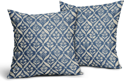 Blue Green Floral Block Print Pillow Covers 12X20 Set of 2, Flower Pattern Spring Summer Print Decorative Throw Pillow Covers Outdoor Farmhouse Seasonal Cushion Case Couch Sofa Bed Decor