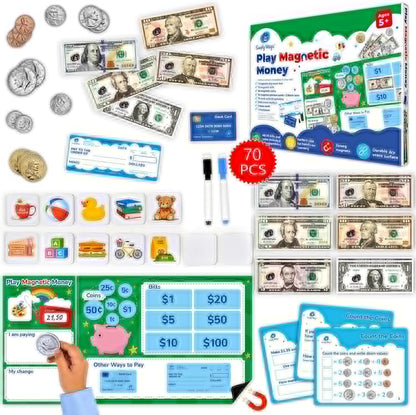 Simply magic 70 PCS Magnetic Money for Classroom - Play Money for Teaching, Money Manipulatives & Activities, Pretend Play Money for Kids, Money Magnets, Learning Coins, Bills - Toddler Money Games