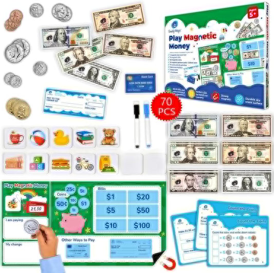 Simply magic 70 PCS Magnetic Money for Classroom - Play Money for Teaching, Money Manipulatives & Activities, Pretend Play Money for Kids, Money Magnets, Learning Coins, Bills - Toddler Money Games