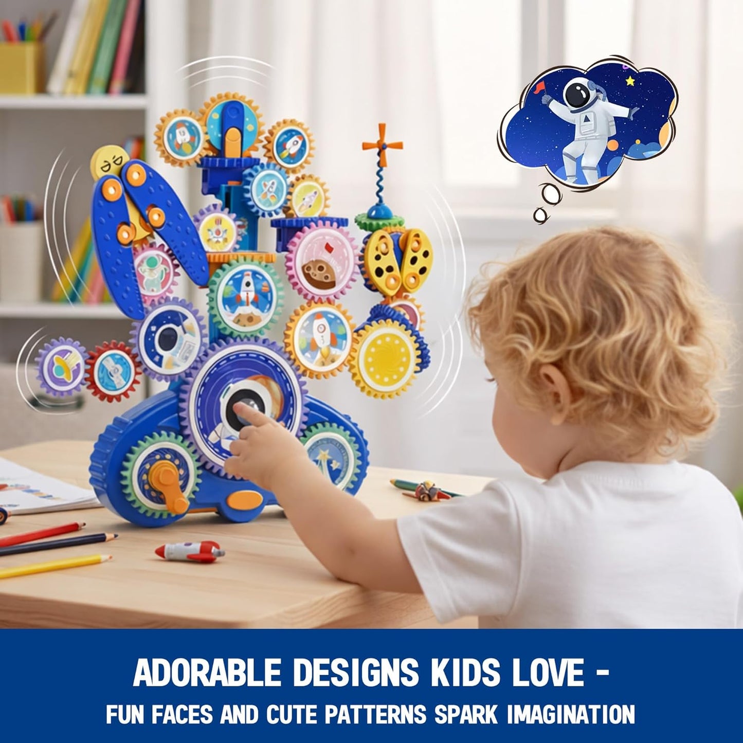 Motorized Spinning Gear Building Toys for Kids, Space Rocket STEM Construction Set, Educational Interlocking Building Blocks Puzzle | Gear Toys for Toddlers Ages 3-8
