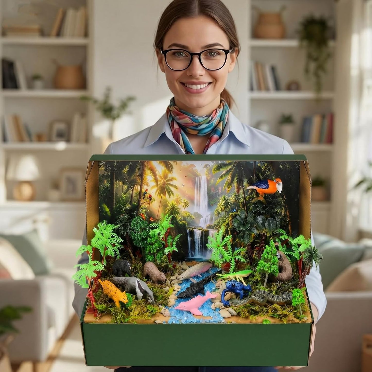 Teyva Daily 48 Pcs Dinosaur Diorama Kit Habitat Project Box Set 3D Dinosaurs Diorama Supplies Include Dinosaurs Model Figures & Eggs Volcano Artificial Trees with Cardboard for DIY Crafts Gifts