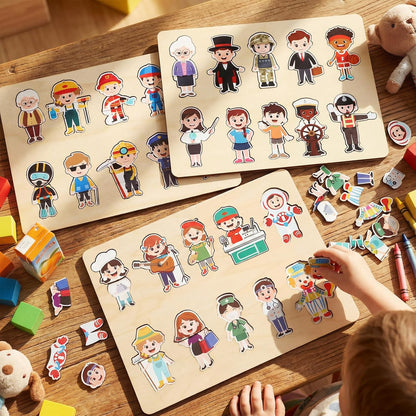 Civaner 3 Set Wooden Puzzle for Toddlers Kids 30 Pcs Wooden Community Helpers Toys People Figures Occupations Interchangeable Dress up Peg Puzzles Educational Social Learning Supplies for Boys Girls