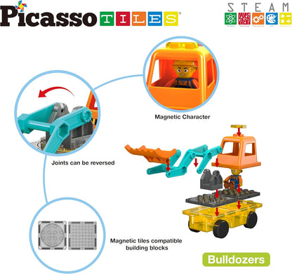 PicassoTiles Magnet Tile Construction Themed Building Blocks 5-in-1 Crane, Ladder, Dump Truck, Excavator, and Backhoe Action Figures, 2 Car Base Vehicles Magnetic Tiles Learning Toys Kids Ages3+ PTU06