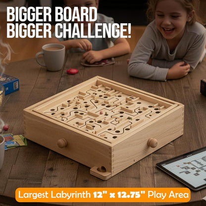 STERLING Wooden Labyrinth Marble Maze Game, Large 12.75" x 11.5" Tilt Maze Game Board with 60 Waypoints and Marble Balls Included, for Kids and Adults 6 Years and Up