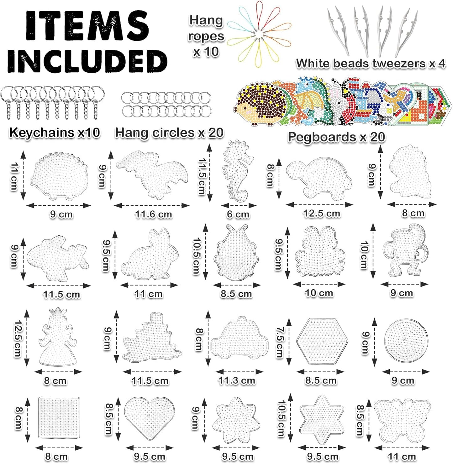 FUNZBO 20 pcs Pegboards for 5mm Fuse Beads Project- Animal Shape Pegboards for Arts and Crafts with Keychains, Hang Ropes and Tweezers, Gifts for Boys and Girls (Beads Not Included)