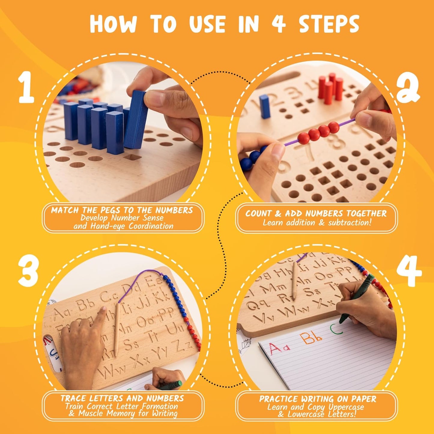 Hulats Learn to Write: Portable Wooden Alphabet Letter Tracing Sensory Pad Board - Toddler Writing Practice for Kids Age 3-5, Montessori Toys for 3+ Year Old, Letter Tracing for Kids 3-5 Writing Tools