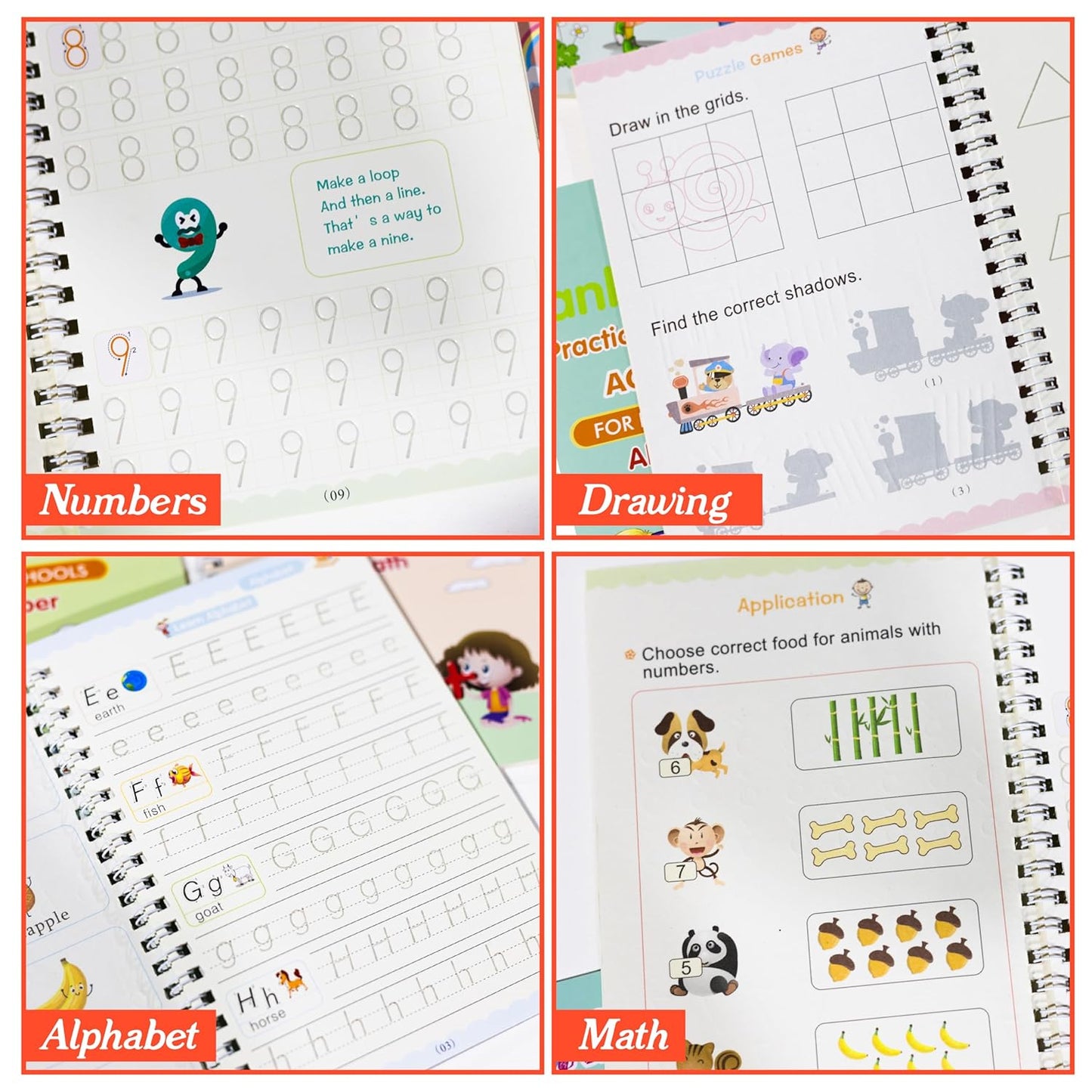 Reusable Magic Practice Copybook for Child Education, Alphabet Number Math Drawing Practice Book (Pack of 4) - Letter Tracing Book for Teaching Handwriting to Kids - with Pens and Handwriting Grip