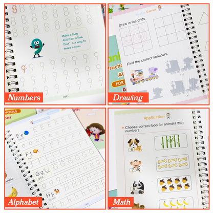 Reusable Magic Practice Copybook for Child Education, Alphabet Number Math Drawing Practice Book (Pack of 4) - Letter Tracing Book for Teaching Handwriting to Kids - with Pens and Handwriting Grip