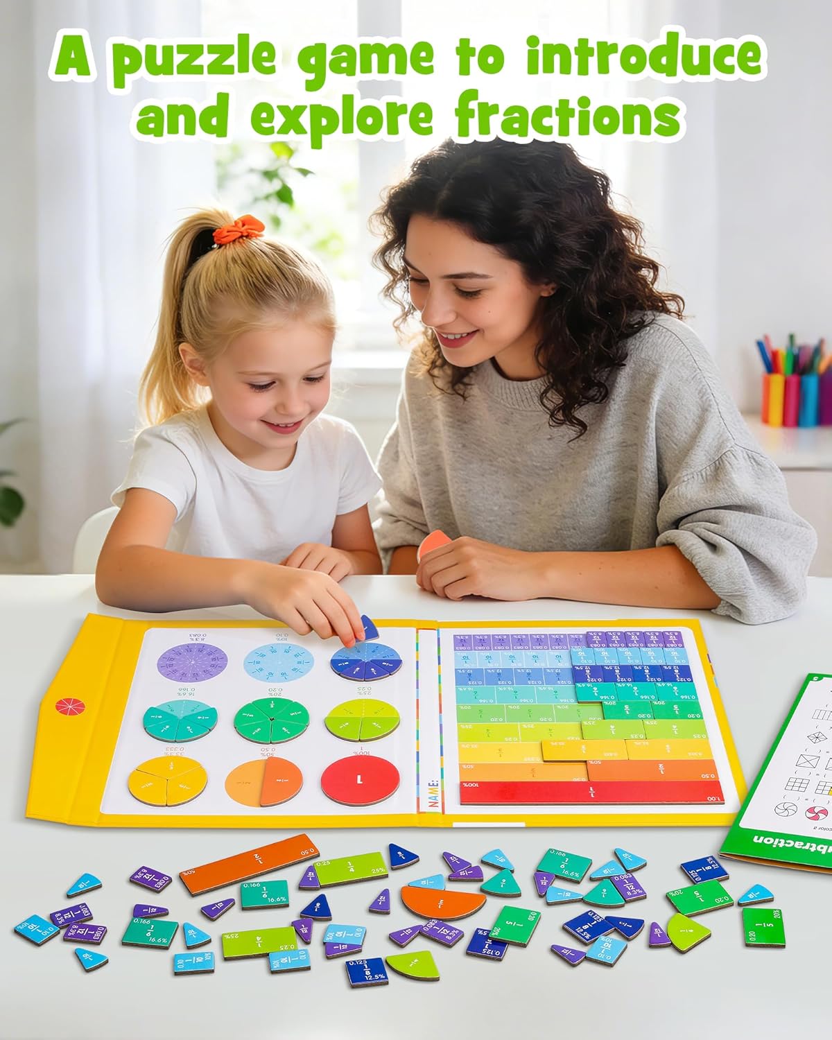 D-FantiX Large Magnetic Fraction Book, Magnetic Fraction Tiles & Fraction Circles Set with Dry Erase Activity Card, Montessori Fraction Manipulatives Learning Toys for Kids