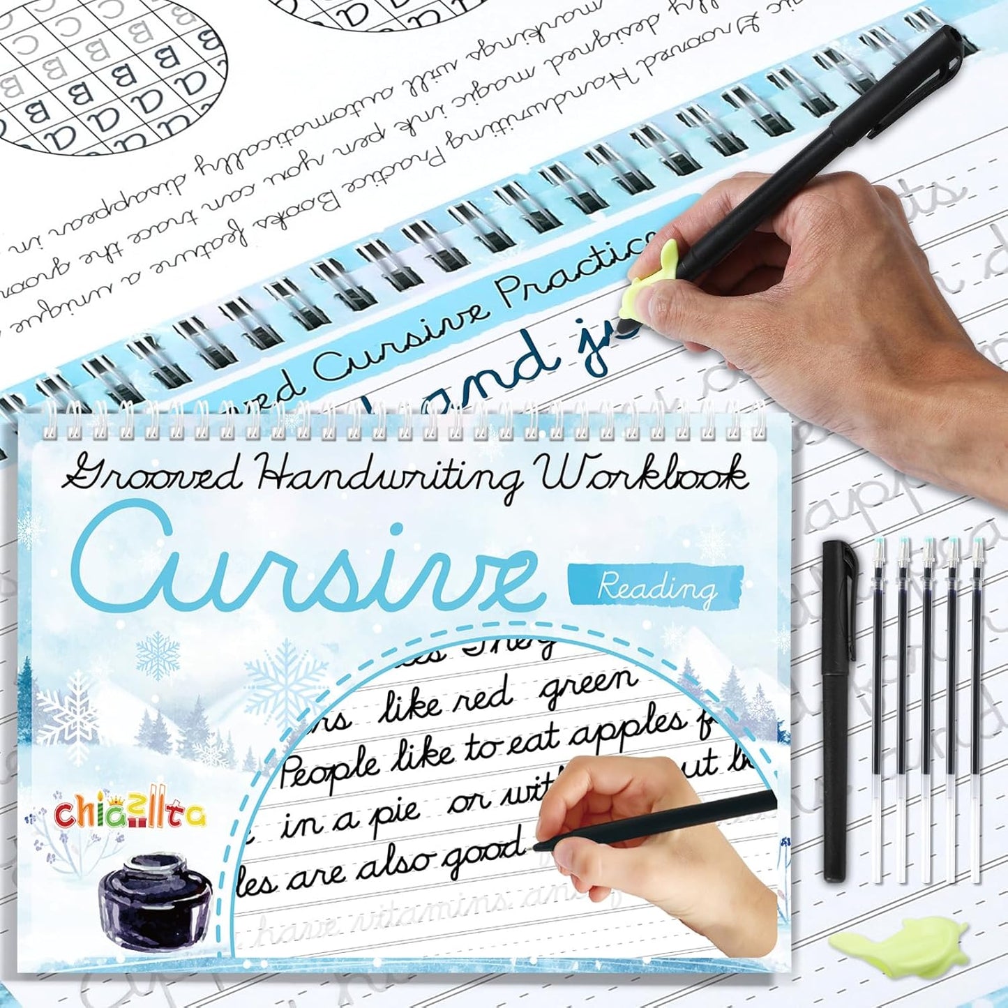 chiazllta Grooved Cursive Handwriting Workbook with Disappearing Ink Pens Magic Reusable Grooved Cursive Writing Practice for Beginners Kids Kickoff Student Workbook Homeschooling Supplies (Letters)