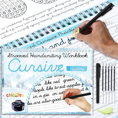 chiazllta Grooved Cursive Handwriting Workbook with Disappearing Ink Pens Magic Reusable Grooved Cursive Writing Practice for Beginners Kids Kickoff Student Workbook Homeschooling Supplies (Letters)