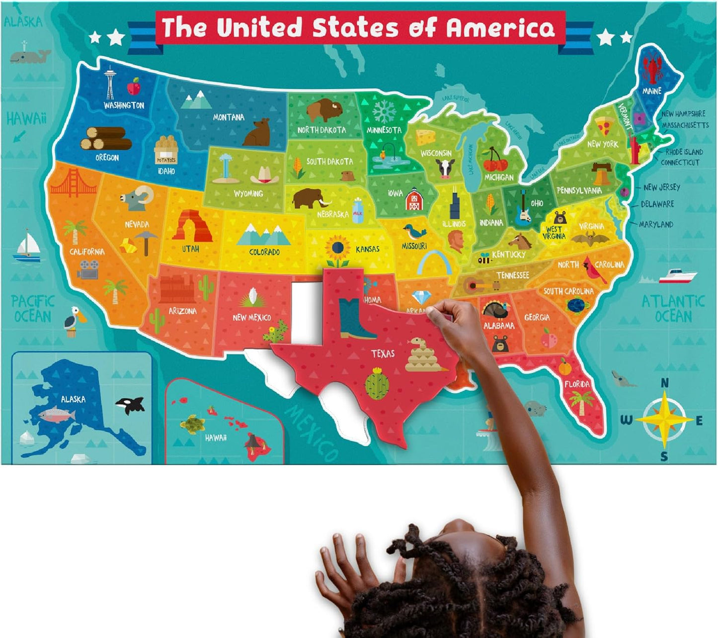 Chuckle & Roar - USA Map Floor Puzzle for Kids - Giant Puzzle with 50 State-Shaped Pieces - Educational Geography Puzzle for Preschool Hands - 3 ft x 2 ft Jumbo America Puzzle Ages 4+