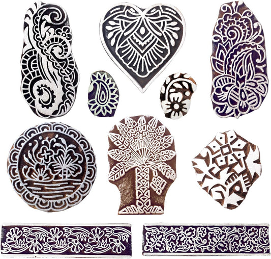 Royal Kraft Wooden Stamps for Block Printing on Saree Border, Textile, Clay, Pottery, Tattoo (Set of 10) MXtag0006