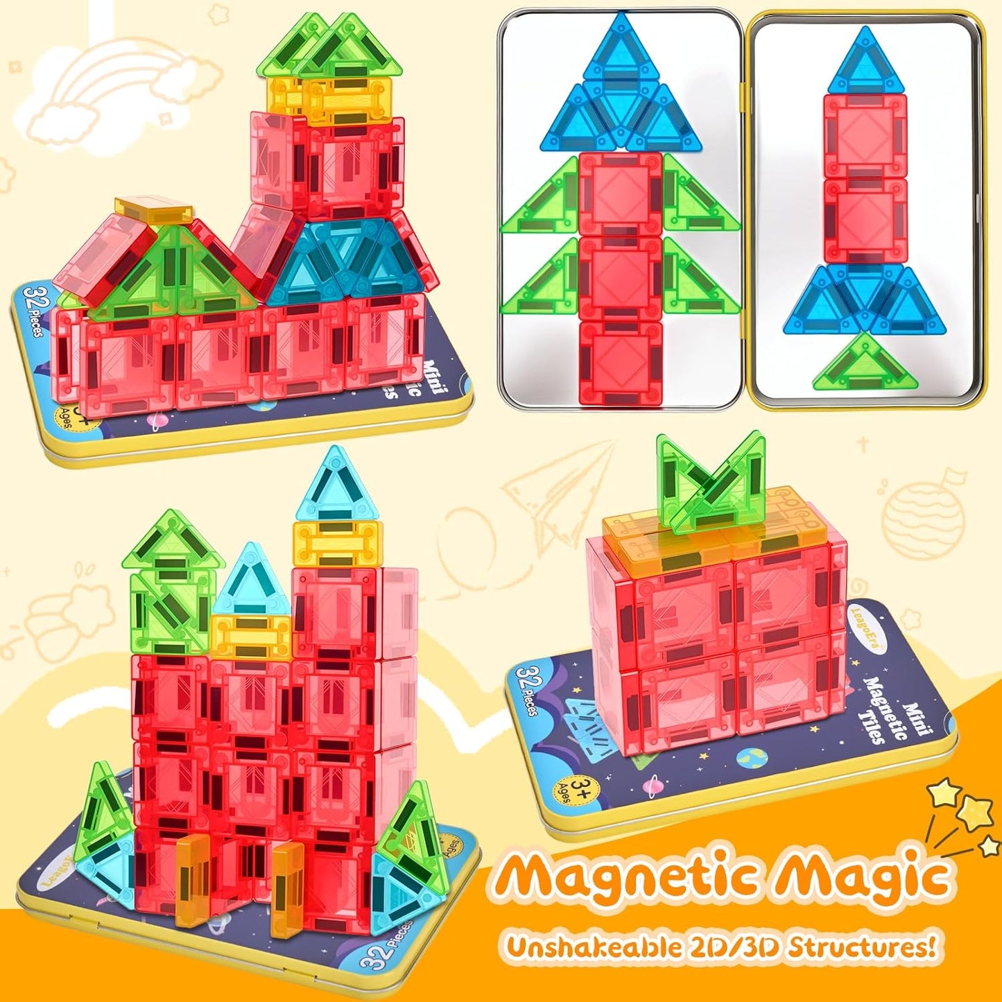 Magnetic Tiles Magnetic Blocks Building Toy: Portable Mini Magnetic Tiles Travel Set 48 Pieces Montessori Toys Birthday Gift for Kids Girls and Boys Ages 3-12 Years Old Preschool Classroom Must Haves