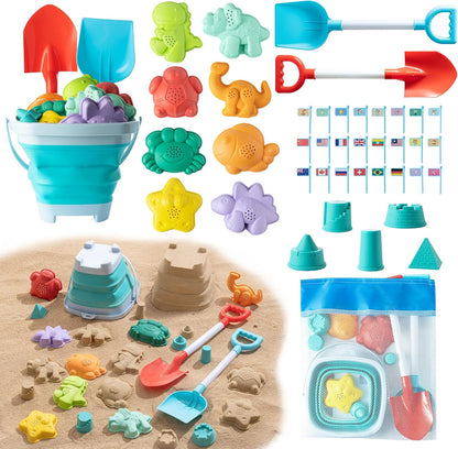 Sawaruita Beach Toys for Kids - Sand Toys Set Includes Collapsible Sand Bucket Shovel and Sand Rake Toy for Beach 12 PCS, Sandbox Toys Sandcastle Building Kit (A)