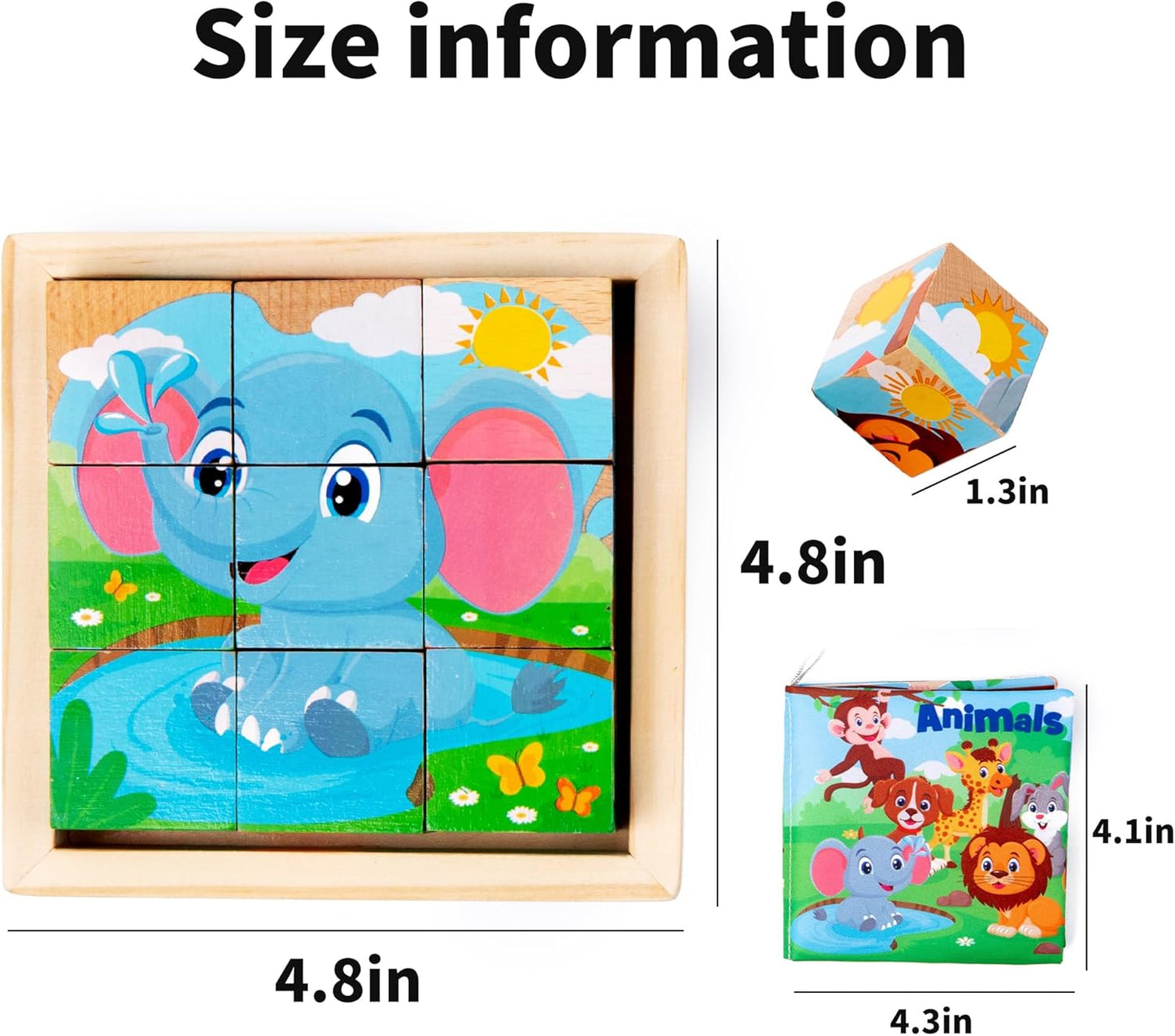 Wooden Dinosaur Block Puzzles for Kids Ages 3-5 with Baby Book, Jigsaw Puzzles Preschool Educational Interactive Toys Gift for Boys Girls, Wood Dino Cube Puzzles for Toddlers 2 3 4 5 6 Years Old