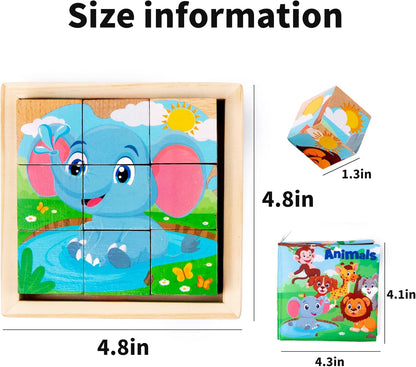 Wooden Dinosaur Block Puzzles for Kids Ages 3-5 with Baby Book, Jigsaw Puzzles Preschool Educational Interactive Toys Gift for Boys Girls, Wood Dino Cube Puzzles for Toddlers 2 3 4 5 6 Years Old