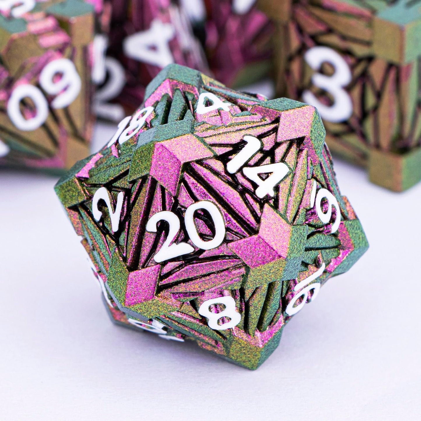 7PCS Metal DND Dice Set with Box, Debris RPG Blue White D and D Dice for D&D Tabletop Games Role Playing Game Polyhedral Dice Set D20 D12 D10 D8 D6 D4