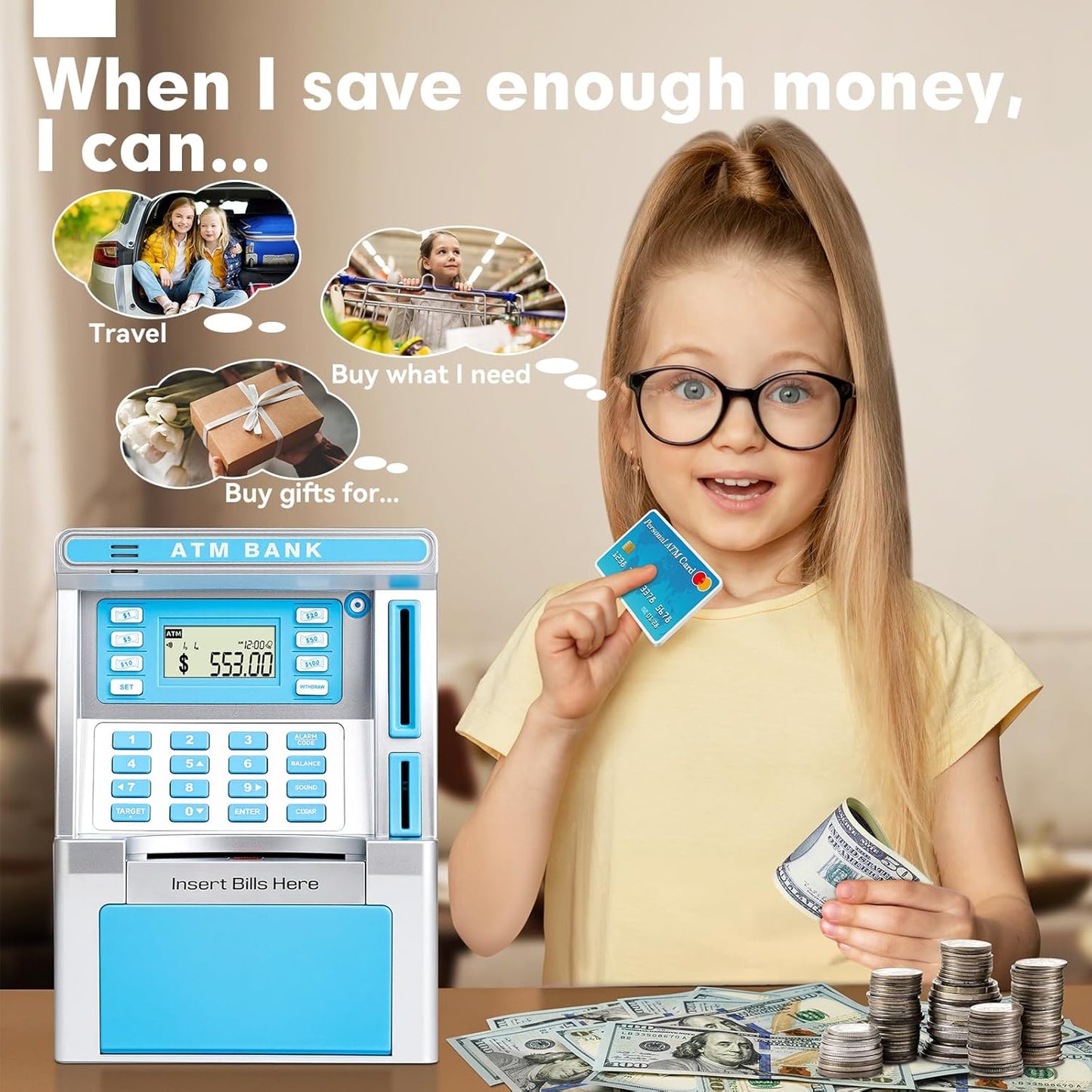 BAODLON Piggy Bank for Kids, ATM Machine Bank for Real Money with Debit Card, Bill Feeder, Coin Recognition, Balance Calculator, Electronic Savings Safe Box, Cool Stuff Toys Gifts for Teen Boys Girls