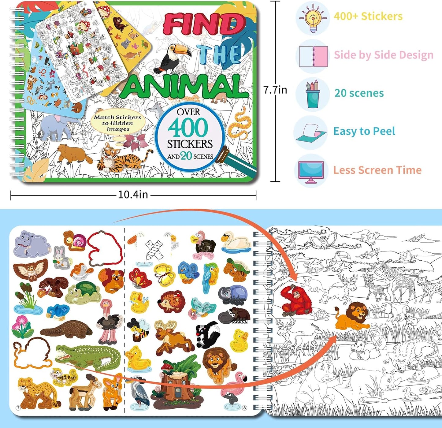Kalysky Dinosaur and Ocean Animal Scene Sticker Book for Kids Ages 4-12, Search and Find Sticker Activity Book–Travel Toys for Toddlers, Airplane & Road Trip Games, Educational Fun