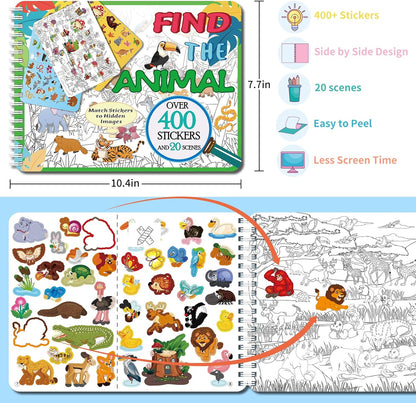 Kalysky Dinosaur and Ocean Animal Scene Sticker Book for Kids Ages 4-12, Search and Find Sticker Activity Book–Travel Toys for Toddlers, Airplane & Road Trip Games, Educational Fun