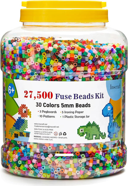 INSCRAFT 30,000 Fuse Beads Kit-30 Individual Packs of Iron Beads Set with 3 Pegboards, 5 Ironing Paper, 10 Patterns, Gifts for Birthday Christmas, Multicolor 5mm Melty Beads Bulk Refill Kit