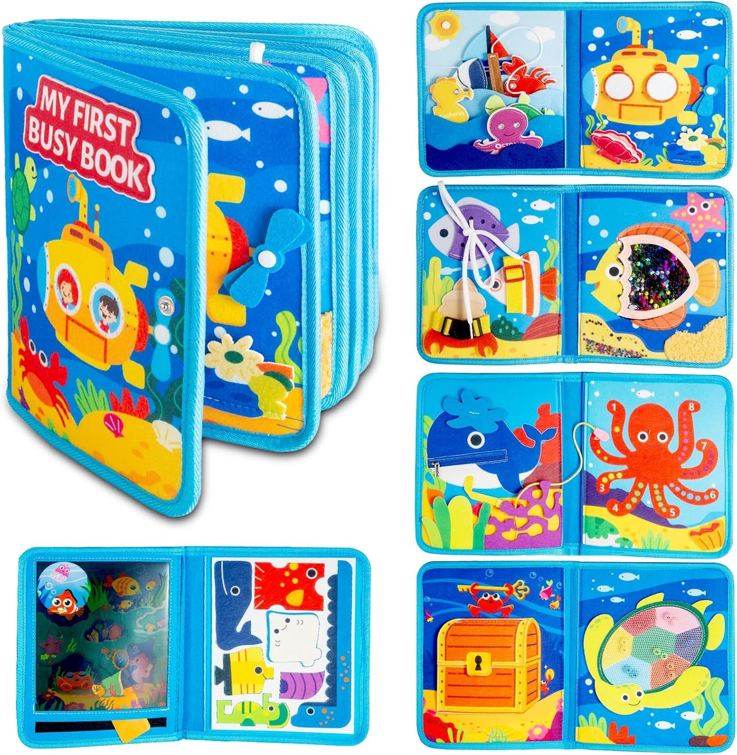 DEGIDEGI Montessori Busy Book for Toddlers, Educational Sensory Activity Book with Life Skills Training, Quiet Travel Toy for Car and Airplane, Christmas Birthday Gift (Deep Blue)