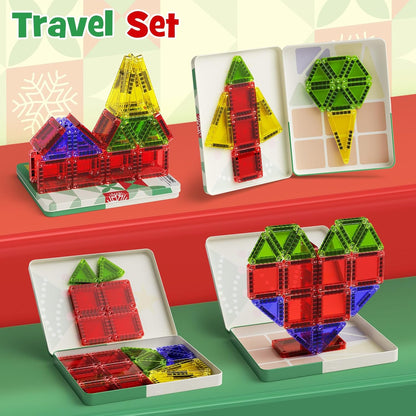 42PCS Mini Magnetic Tiles Travel Set with Iron Storage Box - Portable STEM Building Blocks for Kids 3-8, Montessori Educational Magnet Toys for Airplane, Car Rides & On-The-Go Play