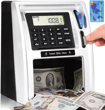 BKstar Kids Talking ATM Piggy Bank for Real Money with Dual Debit Cards, Power-Off Memory, Auto-Opening Drawer, Onekey Shutdown, Bill Feeder, Coin Recognition, Balance Calculator Machine